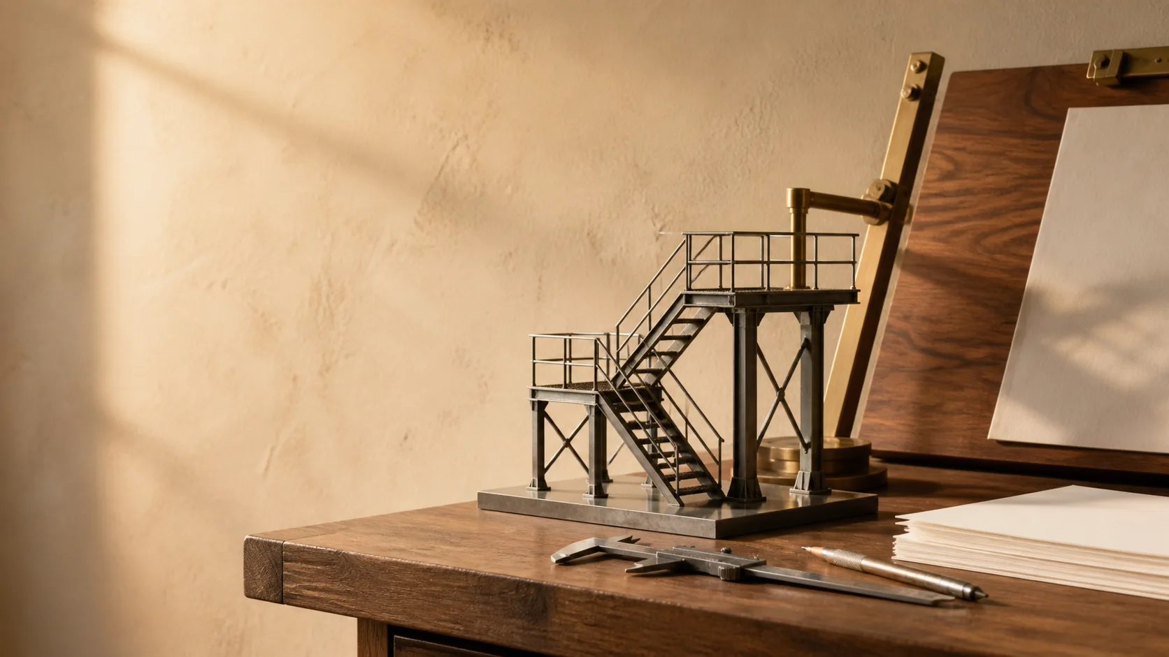 Fictional scale steel platform prototype on a warm walnut drawing desk